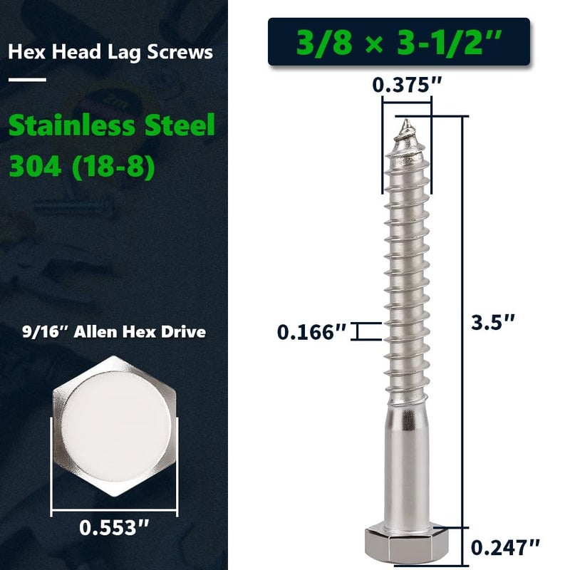 RoyceMart 8-Sets 3/8 x 3-1/2" Hex Head Lag Screws & Flat Washers, Heavy Duty Lag Wood Screws, 304 Stainless Steel (18-8), 3/8" Bolt - Image 2